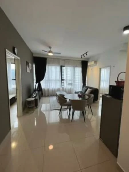 Living features: cream painted walls, grey accent wall, glossy tile flooring, 5-blade ceiling fan with light, sofa in dark grey, coffee table, TV console, wall-mounted TV, sheer curtains, area rug, decorative wall clock, window with city view; style: modern; view: city.