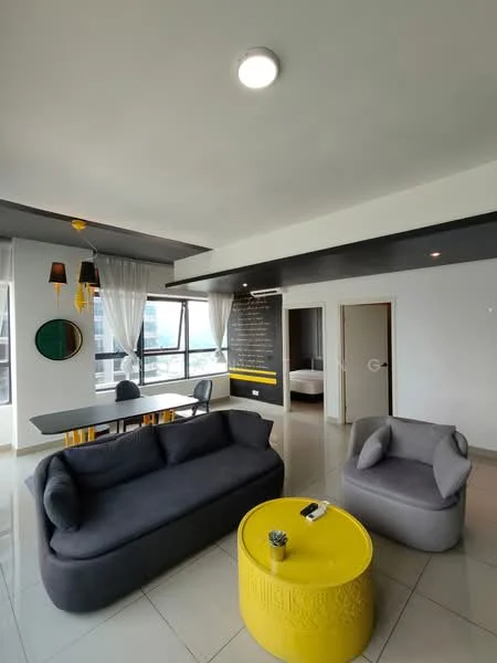Living features: grey fabric 3-seater sofa, grey fabric armchair, yellow round coffee table, white walls, recessed ceiling lights, floor-to-ceiling windows, curtains, dining table with yellow accents, decorative wall art, tile flooring; style: modern; view: city.