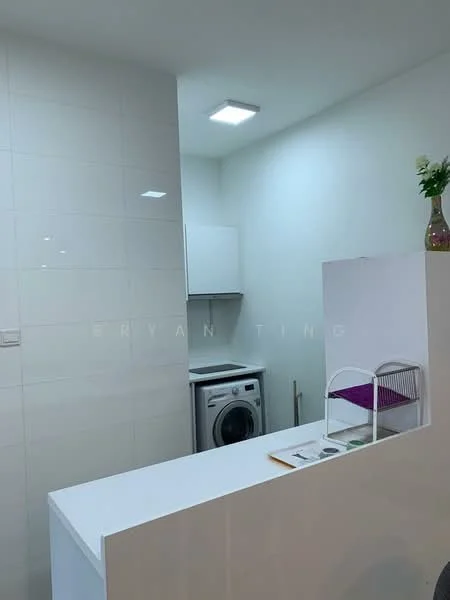 Laundry features: white countertop, white cabinetry, front-load washing machine, white tiled walls, recessed LED downlights, open shelving, small window, laundry area with utility space; style: modern.