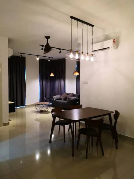 Living features: 3-blade ceiling fan with light, recessed downlights, hanging pendant lights, sofa in grey fabric, coffee table, dining table with 4 chairs, blackout curtains, wall-mounted air conditioning unit, polished floor tiles, white painted walls; style: modern.
