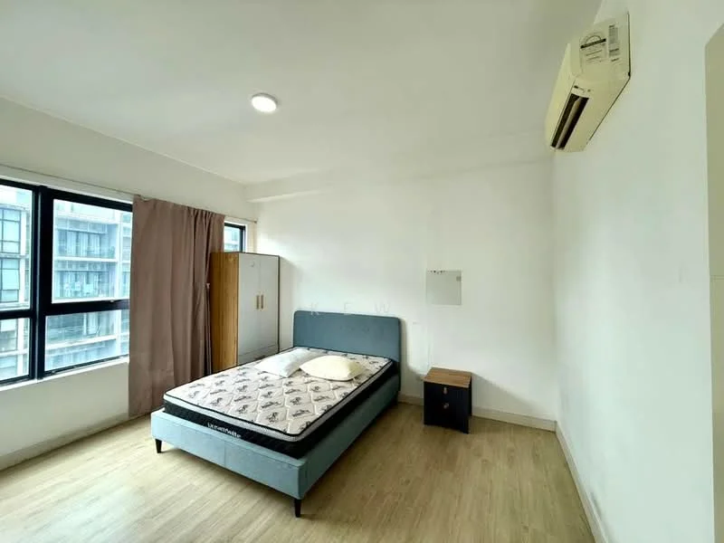Bedroom features: queen-size bed, upholstered headboard, light wood flooring, floor-to-ceiling windows, curtains, built-in wardrobe, nightstand, wall-mounted mirror, wall-mounted split AC, recessed ceiling light; style: modern; view: city.