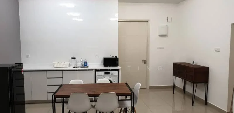 Kitchen features: white cabinetry, black countertop, stainless-steel sink, built-in oven, microwave, refrigerator, dining table with wooden top, 4 white dining chairs, tile flooring, white painted walls, recessed ceiling lights, wall-mounted air conditioning unit; style: modern.