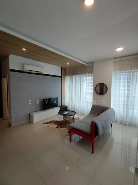 Living features: white painted walls, grey accent wall, wooden ceiling with recessed lighting, large windows with sheer curtains, floor-to-ceiling windows, polished tile flooring, round wall mirror, black coffee table, red lounge chair, sofa with grey throw, air conditioning unit; style: modern; view: city.