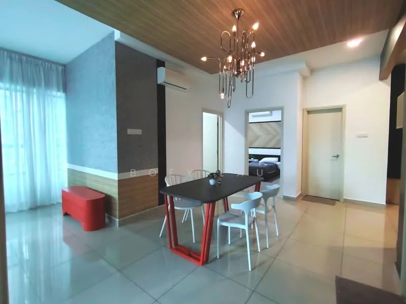 Dining features: dining table with red legs, 4 white dining chairs, grey accent wall, wood panelled ceiling, floor-to-ceiling windows with sheer curtains, air conditioning unit on wall, light fixture with multiple bulbs, tile flooring; style: modern. Room features: light-coloured door, neutral wall colour, open layout.