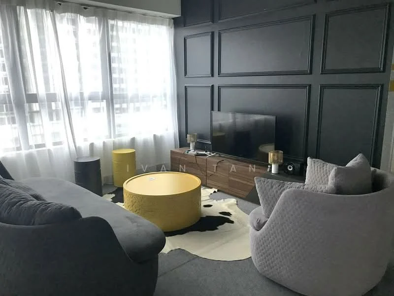 Living features: grey fabric 3-seater sofa, yellow round coffee table, black side table, grey accent chair, wooden TV console, wall-mounted TV, cowhide area rug, floor-to-ceiling windows with sheer curtains, decorative wall paneling, light-colored walls; style: modern; view: city.