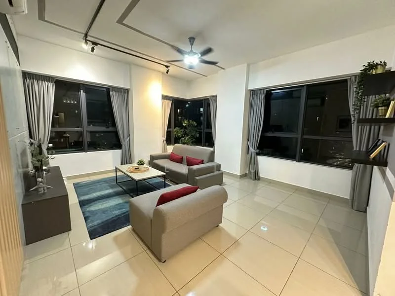 Living features: 2-seater fabric sofa in grey, 2 accent cushions in red, coffee table with round top, area rug with geometric pattern, floor-to-ceiling windows, curtains in grey, wall-mounted shelf with decorative items, recessed downlights, ceiling fan with light, tile flooring in cream, indoor plants, TV console; style: modern; view: city.