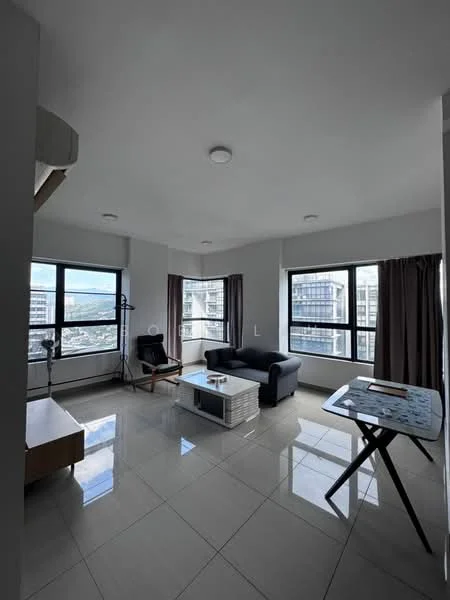 Living features: grey fabric 3-seater sofa, white coffee table, black floor lamp, large windows with city view, curtains in dark brown, recessed ceiling lights, glossy ceramic tile flooring, side table with decorative items, foldable table, wall-mounted TV, open layout; style: modern; view: city.