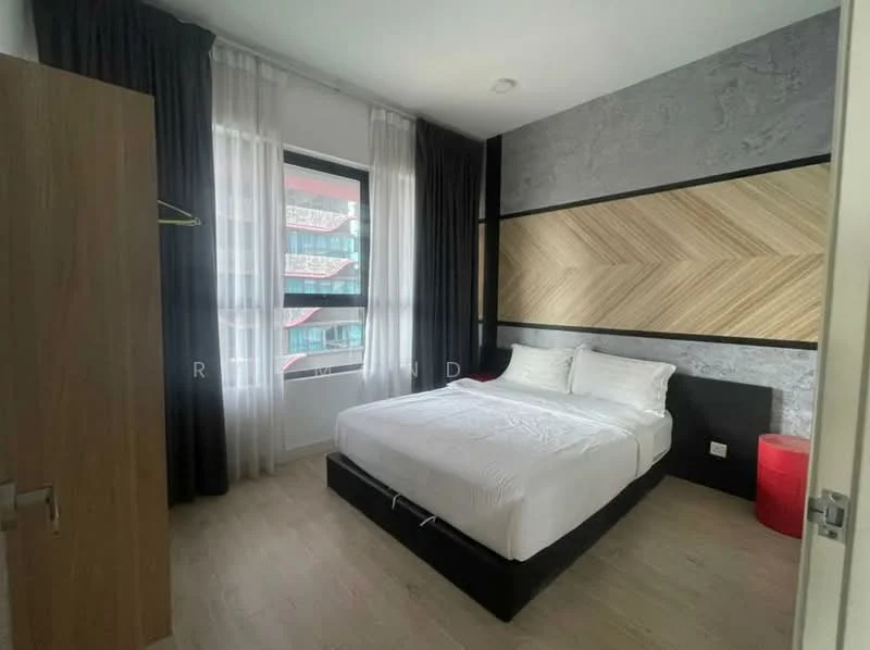Bedroom features: queen-size bed, upholstered headboard, wooden bedside table, red bedside lamp, built-in wardrobe, floor-to-ceiling window, sheer curtains, blackout curtains, wooden flooring, decorative wall with wood paneling, grey accent wall, light-colored bedding; style: modern; view: city.
