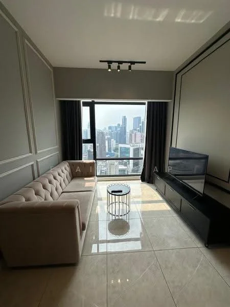 Living features: 3-seater fabric sofa in beige, glass coffee table, wall-mounted TV, TV console in black, floor-to-ceiling windows, city skyline view, recessed downlights, grey painted walls, cream tiled flooring, blackout curtains; style: modern; view: city.