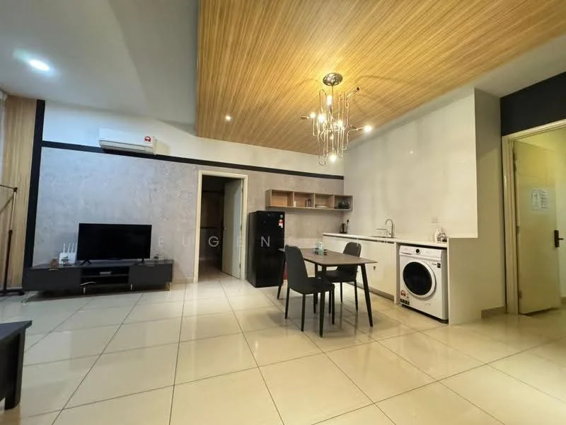 Living features: cream painted walls, wooden ceiling with recessed lighting, ceramic tile flooring, 3-seater black sofa, wall-mounted TV, TV console, dining table for 4, black dining chairs, refrigerator, washing machine, pendant light fixture, air conditioning unit; style: modern.