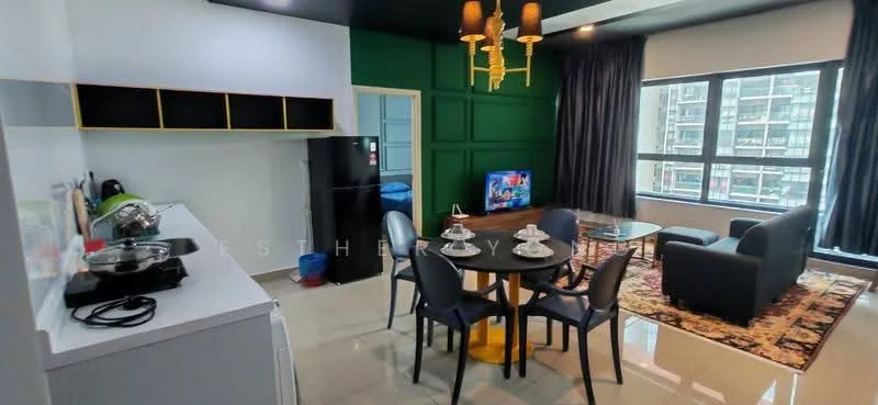 Kitchen features: white cabinetry, black countertop, stainless-steel sink, built-in stove, refrigerator, microwave, open shelving; style: modern. Living features: black fabric sofa, round dining table, 4 upholstered dining chairs, TV on stand, area rug with geometric pattern, large windows, curtains, chandelier with multiple bulbs; style: modern; view: city.