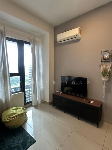 Living features: floor-to-ceiling windows, white sheer curtains, grey painted walls, wall-mounted TV, TV console, 1 wall-mounted split AC, ceramic tile flooring, green bean bag, decorative wall hanging, light-colored furniture, natural light from window; style: modern; view: city.