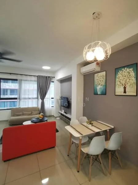 Living features: 3-seater fabric sofa in beige, red accent wall, white painted walls, ceiling fan, recessed downlights, coffee table, TV console, wall-mounted TV, area rug, floor-to-ceiling windows with sheer curtains, decorative artwork, light fixture with multiple bulbs; style: modern. Dining features: 4-seater dining table, white dining chairs, decorative centerpiece, wall-mounted air conditioning unit; style: modern.
