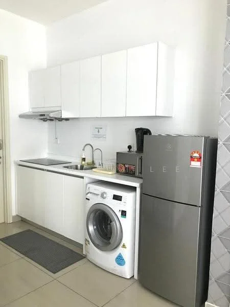Kitchen features: white cabinetry, stainless-steel sink, chrome pull-down faucet, built-in oven, freestanding range oven, stainless-steel fridge, front-load washing machine, grey tile backsplash, ceramic tile flooring, recessed downlights; style: modern.