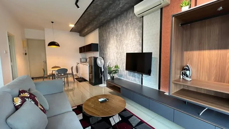 Living features: grey fabric sofa, coffee table, wall-mounted TV, TV console, area rug with geometric pattern, ceiling-mounted light fixture, air conditioning unit, decorative wall with textured finish, wall-mounted shelving unit, potted plant, fan, sliding door, open-plan layout to dining area; style: modern. Dining features: 4-seater dining table, grey dining chairs, kitchenette with microwave, refrigerator, kitchen cabinets; style: modern.