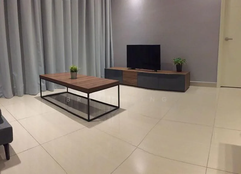Living features: grey painted walls, light-colored floor tiles, recessed downlights, floor-to-ceiling curtains in light grey, wooden coffee table with metal frame, TV console in wood and grey finish, wall-mounted TV, decorative plant on coffee table, decorative plant on TV console; style: modern.