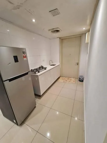 Kitchen features: stainless-steel fridge, 2-burner gas hob, single-bowl stainless-steel sink, chrome pull-down faucet, white cabinetry, white tiled backsplash, cream tiled flooring, recessed downlights, door leading to hallway; style: modern.