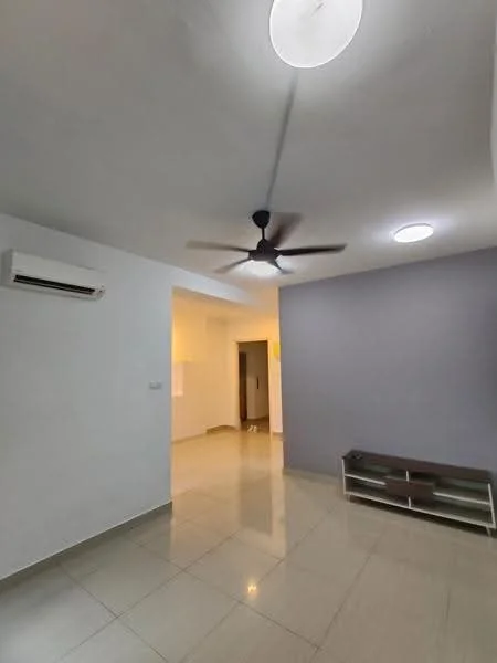 Living features: white painted walls, grey accent wall, polished ceramic tile flooring, 5-blade ceiling fan, recessed downlights, air conditioning unit, TV console, natural light from adjacent room; style: modern.