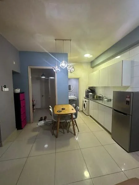 Kitchen features: white cabinetry, grey countertop, stainless-steel fridge, built-in washing machine, ceramic tile flooring, recessed ceiling lights, pendant lighting, dining table with wooden top, four dining chairs, wall-mounted cabinets, open shelving, white tiled backsplash; style: modern. Dining features: dining table with wooden top, four dining chairs; style: modern.