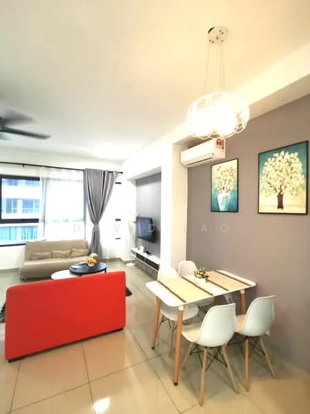 Living features: 3-seater fabric sofa in beige, red accent wall, white painted walls, ceiling fan, chandelier, floor-to-ceiling windows with sheer curtains, TV console, wall-mounted TV, decorative artwork, dining table with 4 white chairs, air conditioning unit; style: modern.