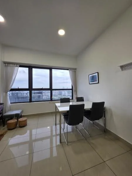 Dining features: white walls, glossy ceramic tile flooring, large windows with city view, sheer curtains, 4-seater dining table, black upholstered dining chairs, decorative wall shelf, framed artwork on wall, area rug, natural light from windows; style: modern; view: city.