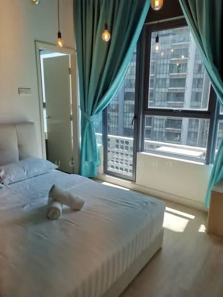 Bedroom features: queen-size bed, upholstered headboard, light blue curtains, floor-to-ceiling windows, wooden flooring, bedside table, decorative pendant lights, white bedding, rolled towels; style: modern; view: city.