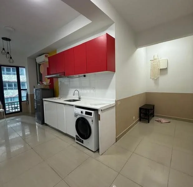 Kitchen features: red upper cabinets, white lower cabinets, white tiled backsplash, single-bowl stainless-steel sink, chrome pull-down faucet, built-in stove, front-load washing machine, refrigerator, ceramic tile flooring, recessed downlights, open layout, window with city view, countertop space; style: modern; view: city.