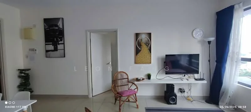 Living features: white painted walls, tile flooring, floor-to-ceiling windows, wall-mounted TV, TV console, decorative wall art, clock on wall, single rattan chair, black speaker, blue curtains, small indoor plant; style: modern.