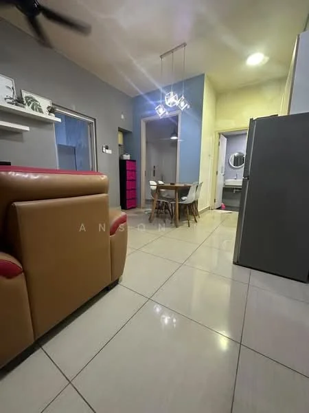 Living features: brown leather sofa, tile flooring, ceiling fan, recessed downlights, dining table with chairs, wall-mounted artwork, grey painted walls, open layout to kitchen, doorway to hallway, fridge visible in kitchen area; style: modern. Room features: grey painted walls, doorway leading to bathroom, round mirror, tile flooring.
