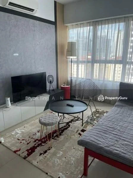 Living features: grey accent wall, light wood paneling, floor-to-ceiling windows, white curtains, black coffee table, 3-seater grey sofa, area rug with abstract pattern, TV console with wall-mounted TV, standing lamp, fan, decorative chair; style: modern; view: city.