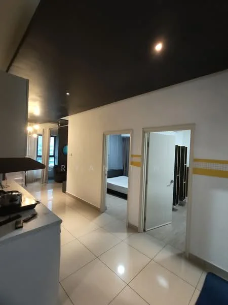 Room features: white painted walls, black ceiling, glossy tile flooring, recessed downlights, doorway leading to another room, doorway leading to bedroom, kitchen counter with stove, large windows for natural light; style: modern.
