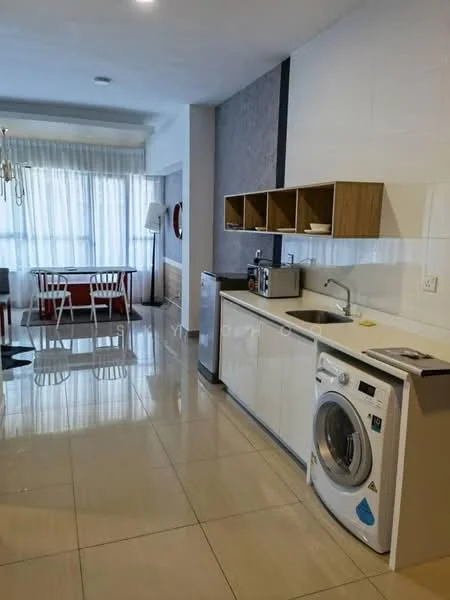 Kitchen features: white cabinets, stainless-steel sink, chrome pull-down faucet, white countertop, built-in microwave, freestanding washing machine, open shelving, tile backsplash, ceramic tile flooring, recessed downlights, window with sheer curtains, dining table with chairs; style: modern.