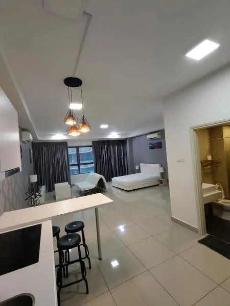 Living features: white walls, grey accent wall, ceramic tile flooring, recessed downlights, 3-blade ceiling fan, floor-to-ceiling windows, black bar stools, white dining table, sofa in white fabric, queen-size bed with white bedding, curtains in dark grey, wall-mounted air conditioning unit; style: modern. Bathroom features: white tiled walls, ceramic tile flooring, one-piece toilet, single-sink vanity with mirror, shower area with glass enclosure; style: modern.