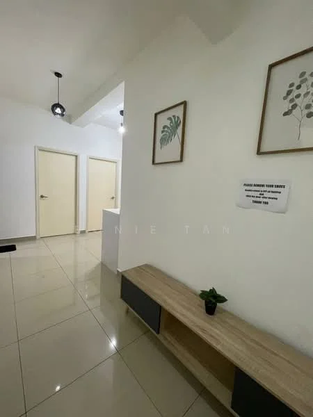 Room features: white painted walls, glossy tile flooring, recessed downlights, two doors visible, decorative framed artwork, wooden console table, small potted plant, ceiling light fixtures; style: modern.