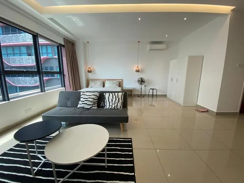 Living features: grey fabric sofa, black and white decorative cushions, two round coffee tables in white and black, striped area rug, floor-to-ceiling windows, curtains, wall-mounted air conditioning unit, recessed ceiling lights, light wood cabinetry, ceiling with cove lighting, fan; style: modern.