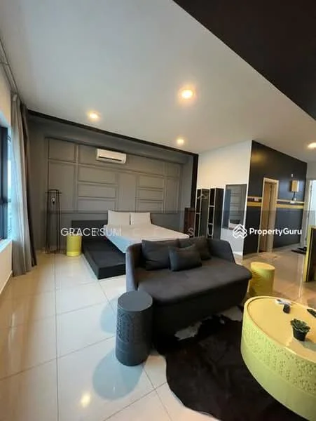 Bedroom features: king-size bed, upholstered headboard, 2 bedside tables, sofa in dark fabric, coffee table with yellow accents, decorative area rug, floor-to-ceiling windows, curtains, wall-mounted air conditioning unit, built-in wardrobe, grey accent wall, white painted walls, recessed downlights, tile flooring; style: modern; view: city.