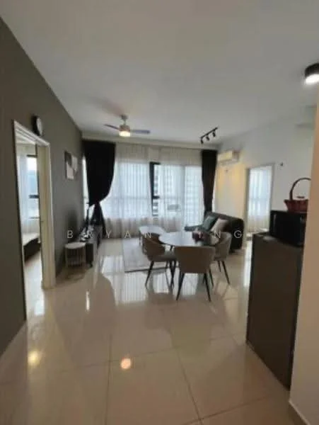 Living features: cream painted walls, grey accent wall, marble tile flooring, 5-blade ceiling fan with light, floor-to-ceiling windows, blackout curtains, sofa in dark grey, coffee table, area rug, dining table with 4 chairs, wall-mounted TV, decorative wall clock; style: modern; view: city.