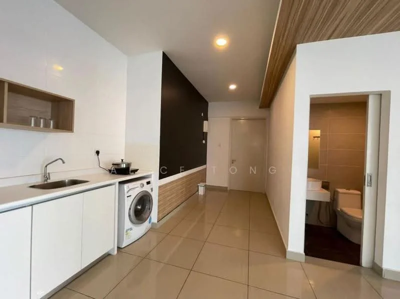 Room features: white cabinetry, single-bowl stainless-steel sink, chrome pull-down faucet, built-in washing machine, white tiled backsplash, grey accent wall, light brown wood ceiling, cream tiled flooring, door leading to bathroom, wall-mounted light fixtures; style: modern.