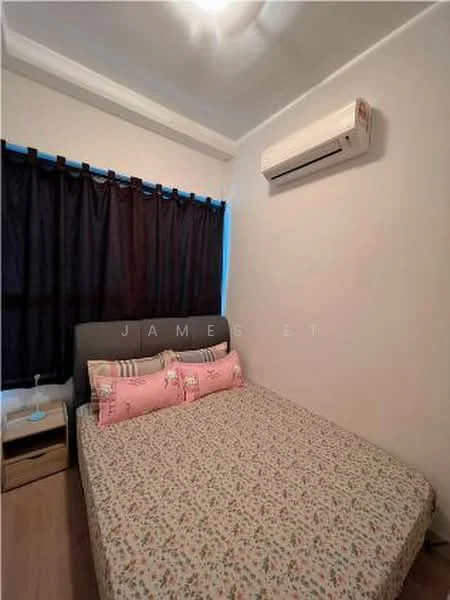 Bedroom features: queen-size bed with floral bedding, upholstered headboard, blackout curtains, 1 bedside table, wall-mounted split AC, wooden flooring, recessed ceiling lights; style: modern.