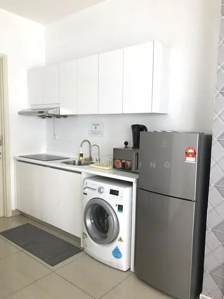Kitchen features: white cabinetry, stainless-steel sink, chrome pull-down faucet, built-in oven, microwave, stainless-steel fridge, front-load washing machine, grey countertop, tile backsplash, grey floor tiles, kitchen mat; style: modern.