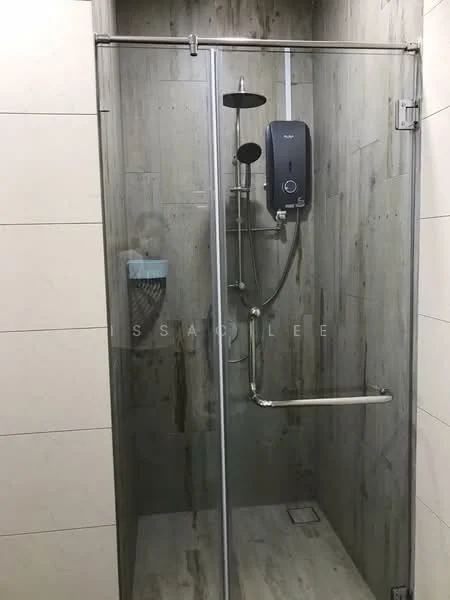 Bathroom features: glass shower enclosure, rain shower head, handheld shower, wall-mounted shower control, wood-look tile walls, light-colored tile flooring, grab bar, built-in shower shelf; style: modern.