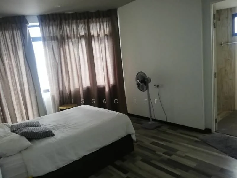 Bedroom features: queen-size bed, white bedding, decorative pillows, wooden bedside table, floor-to-ceiling windows, brown curtains, laminate flooring, ceiling fan, wall-mounted light switch, doorway to bathroom; style: modern.