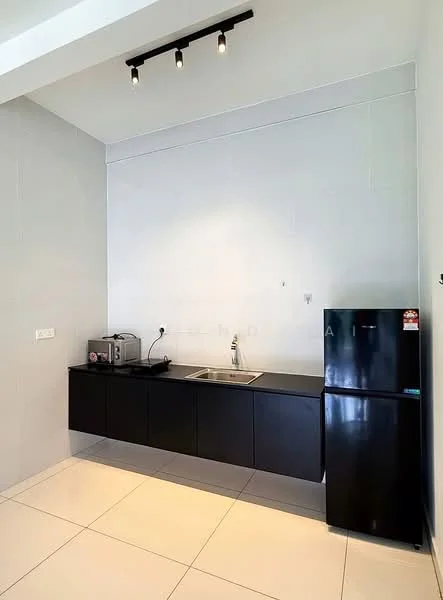Kitchen features: black cabinetry, stainless-steel sink, chrome pull-down faucet, built-in microwave, black fridge, white tiled flooring, recessed downlights, minimalist design, wall-mounted shelving, grey painted walls; style: modern.