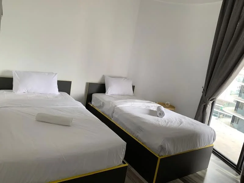 Bedroom features: two single beds with black frames, white bedding, grey curtains, wooden flooring, floor-to-ceiling windows, towel rolled on bed, minimalist decor, natural light from window; style: modern; view: city.