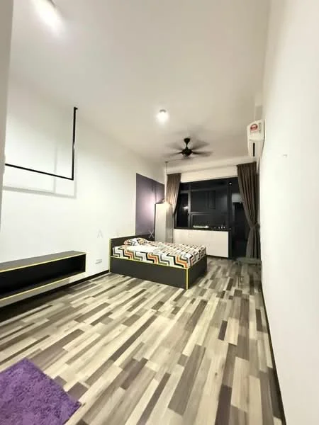 Bedroom features: queen-size bed, upholstered headboard, wooden flooring, 5-blade ceiling fan, wall-mounted air conditioning unit, floor-to-ceiling window, curtains, built-in wardrobe, decorative wall with accent color, area rug in purple; style: modern; view: city.