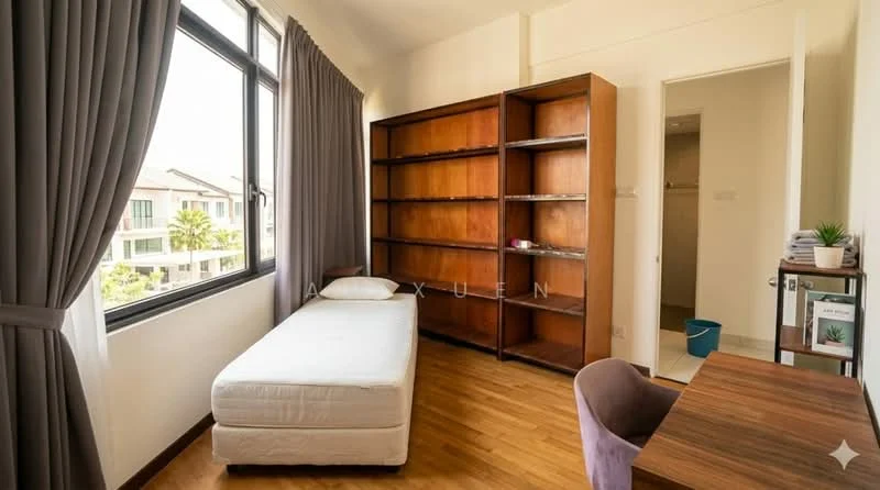 Bedroom features: single bed, wooden flooring, built-in wooden bookshelf, floor-to-ceiling window, grey curtains, study desk, chair, white walls; style: modern; view: garden.