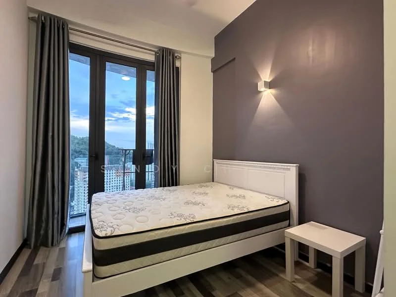 Bedroom features: queen-size bed, mattress on bed frame, grey accent wall, white painted walls, floor-to-ceiling windows, curtains, wooden flooring, wall-mounted sconce lighting, side table; style: modern; view: city.