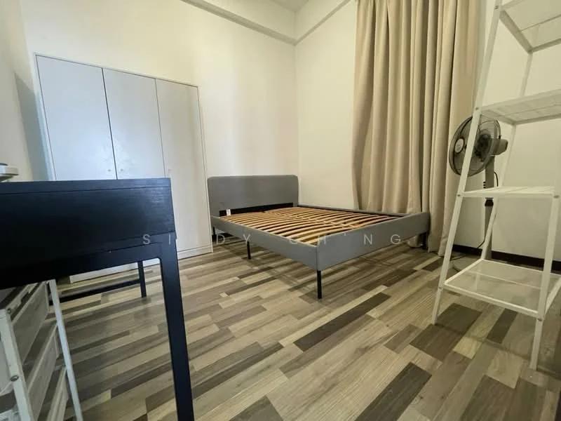 Bedroom features: queen-size bed frame with slatted base, wooden flooring with mixed tones, white painted walls, floor-to-ceiling curtains in beige, built-in wardrobe with sliding doors, desk with black finish, white shelving unit, standing fan; style: modern.