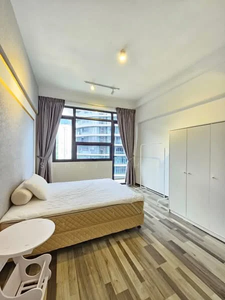 Bedroom features: queen-size bed, light wood flooring, white painted walls, floor-to-ceiling windows, sheer curtains, built-in wardrobe, recessed downlights, decorative wall panel, small side table; style: modern; view: city.