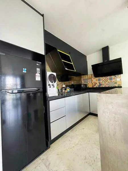 Kitchen features: black refrigerator, built-in oven, black range hood, black countertop, grey cabinetry with flat-panel design, decorative backsplash with patterned tiles, sink, wall-mounted microwave, ceramic tile flooring, recessed lighting; style: modern.